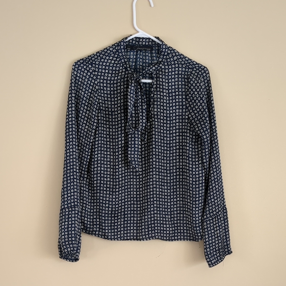 XS Patterson J. Kincaid Blue Pattern Print Blouse Top Bow